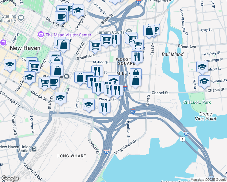 map of restaurants, bars, coffee shops, grocery stores, and more near 494 Chapel Street in New Haven