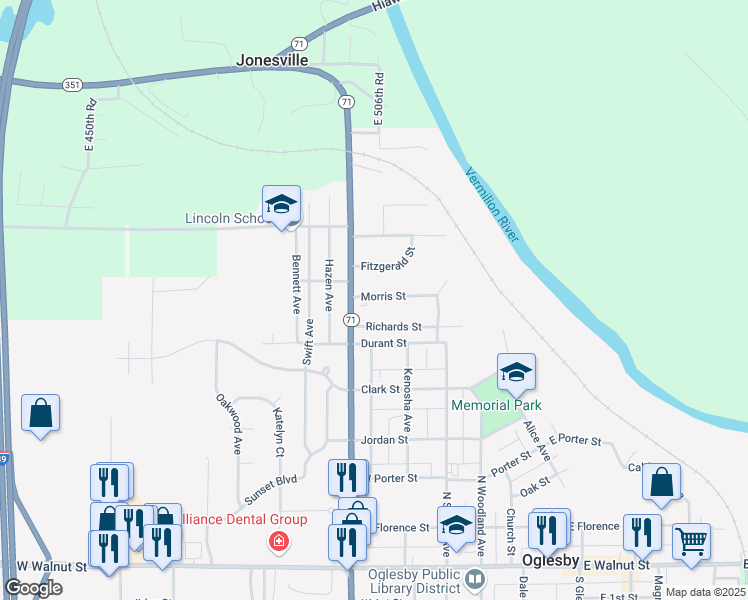 map of restaurants, bars, coffee shops, grocery stores, and more near 430 Morris Street in Oglesby