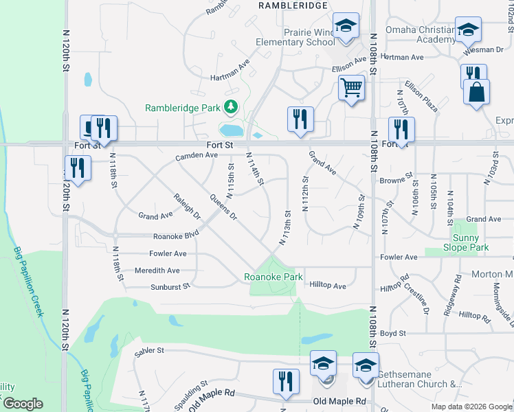map of restaurants, bars, coffee shops, grocery stores, and more near 4930 North 114th Street in Omaha