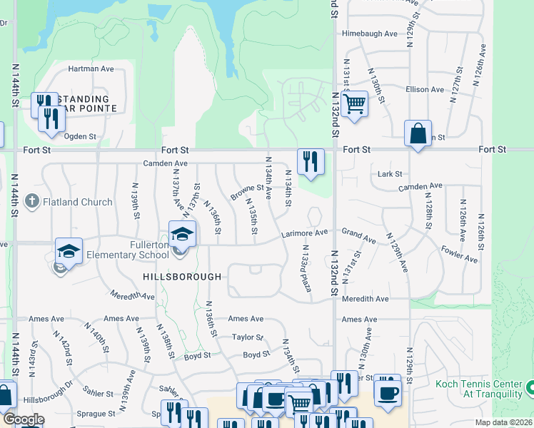 map of restaurants, bars, coffee shops, grocery stores, and more near 4912 North 134th Street in Omaha