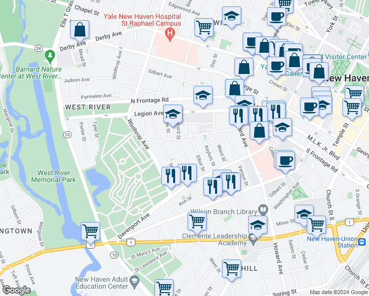 map of restaurants, bars, coffee shops, grocery stores, and more near 77 Orchard Street in New Haven