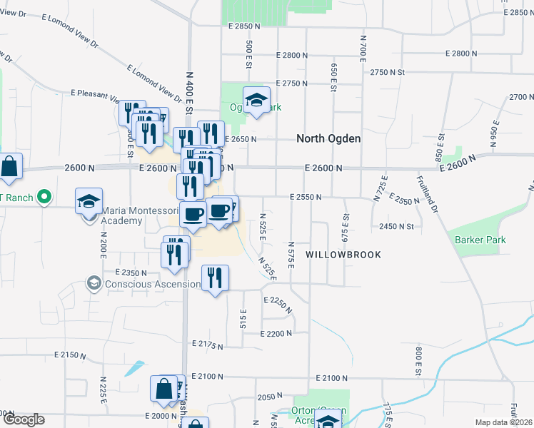 map of restaurants, bars, coffee shops, grocery stores, and more near 527 East 2500 North in Ogden