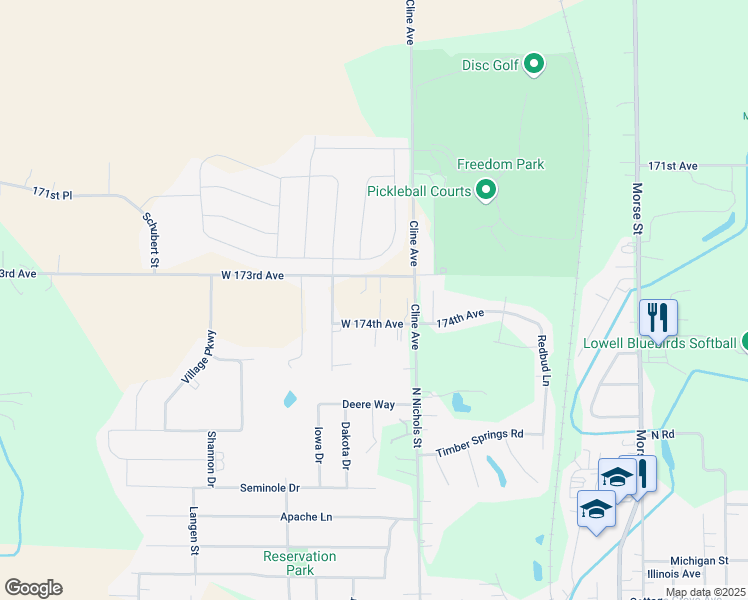 map of restaurants, bars, coffee shops, grocery stores, and more near 8162 West 174th Avenue in Lowell