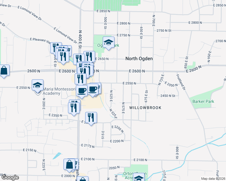 map of restaurants, bars, coffee shops, grocery stores, and more near 527 East 2500 North in Ogden