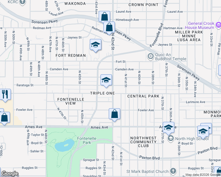 map of restaurants, bars, coffee shops, grocery stores, and more near 4904 North 42nd Street in Omaha