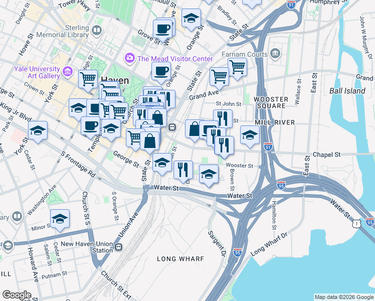 map of restaurants, bars, coffee shops, grocery stores, and more near 630 Chapel Street in New Haven