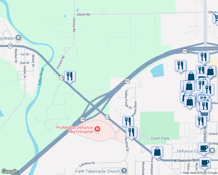 map of restaurants, bars, coffee shops, grocery stores, and more near Mustang Drive in Defiance