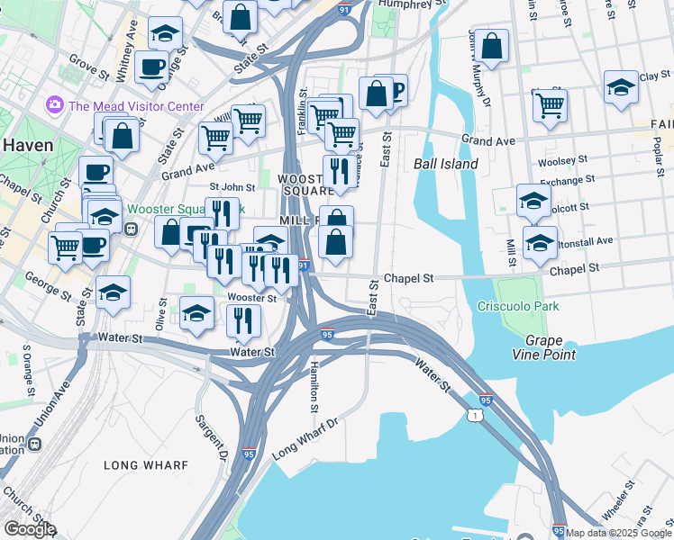 map of restaurants, bars, coffee shops, grocery stores, and more near 56 Wallace Street in New Haven