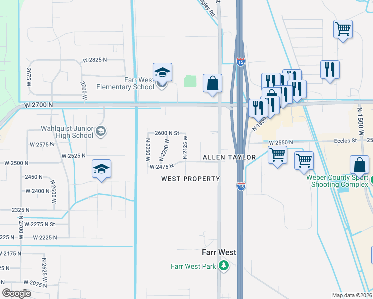 map of restaurants, bars, coffee shops, grocery stores, and more near 2536 North 2125 West in Ogden