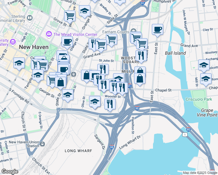 map of restaurants, bars, coffee shops, grocery stores, and more near in New Haven
