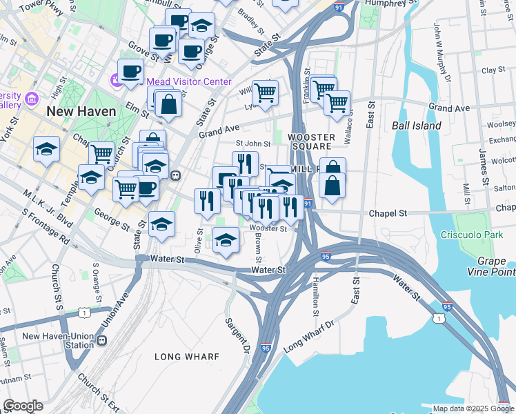 map of restaurants, bars, coffee shops, grocery stores, and more near in New Haven