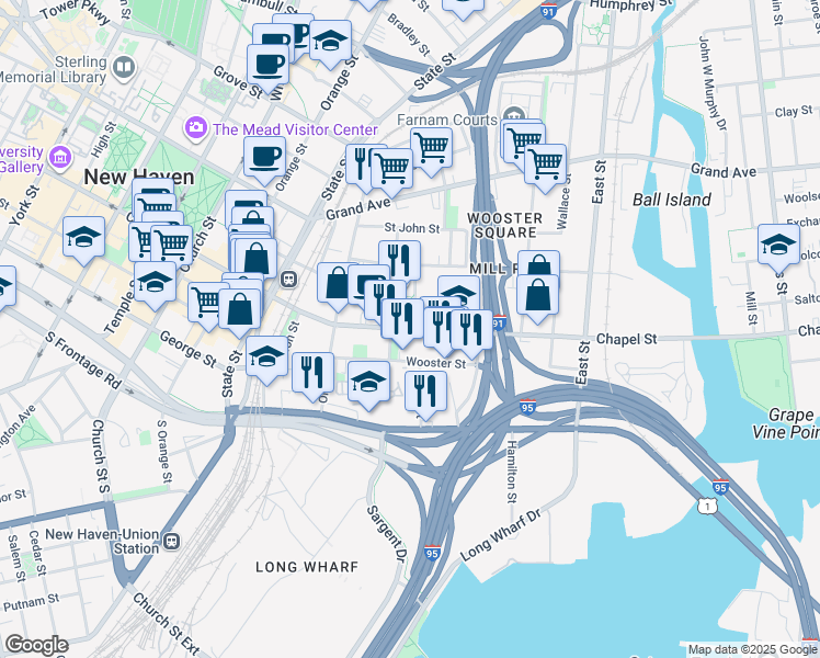 map of restaurants, bars, coffee shops, grocery stores, and more near in New Haven