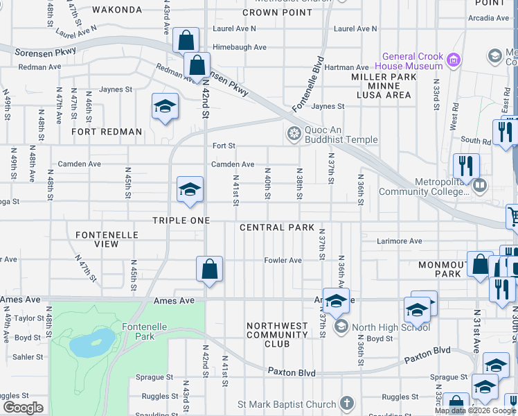 map of restaurants, bars, coffee shops, grocery stores, and more near 4021 Saratoga Street in Omaha