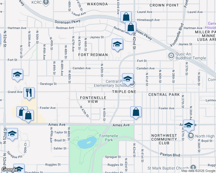 map of restaurants, bars, coffee shops, grocery stores, and more near 4307 Saratoga Street in Omaha
