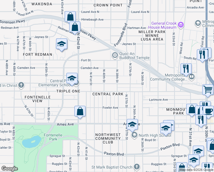map of restaurants, bars, coffee shops, grocery stores, and more near 3835 Saratoga Street in Omaha