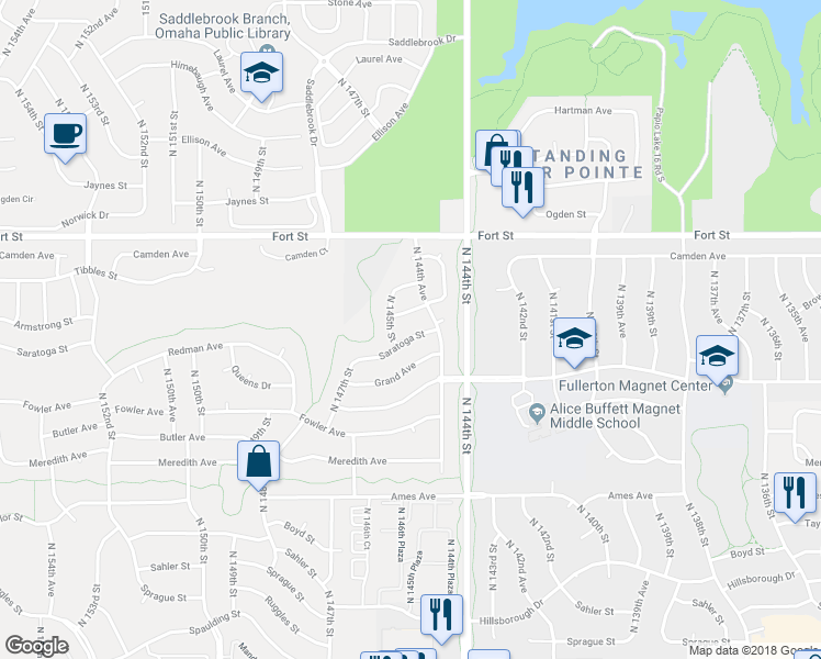 map of restaurants, bars, coffee shops, grocery stores, and more near 14478 Saratoga Street in Omaha