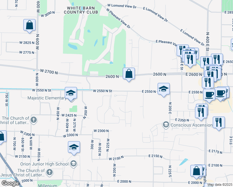 map of restaurants, bars, coffee shops, grocery stores, and more near 164 Morristown Lane North in Ogden