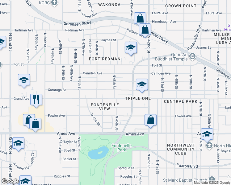 map of restaurants, bars, coffee shops, grocery stores, and more near 4347 Saratoga Street in Omaha