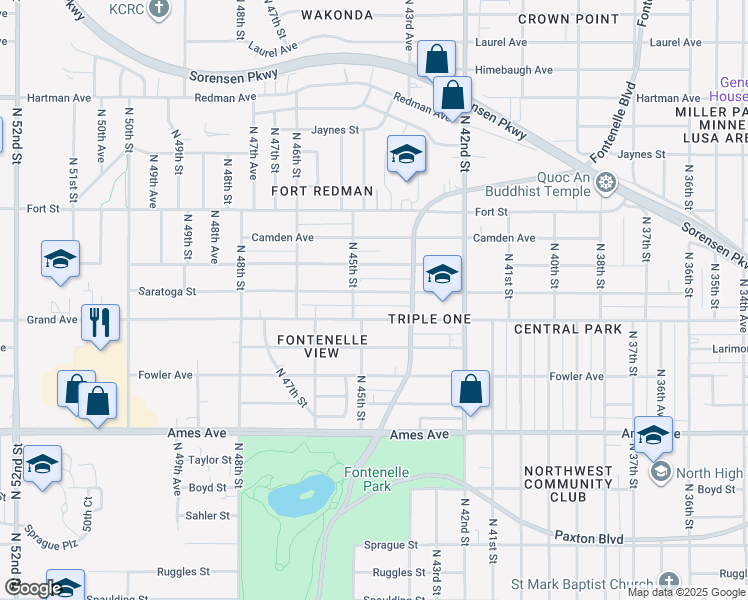 map of restaurants, bars, coffee shops, grocery stores, and more near 4307 Saratoga Street in Omaha