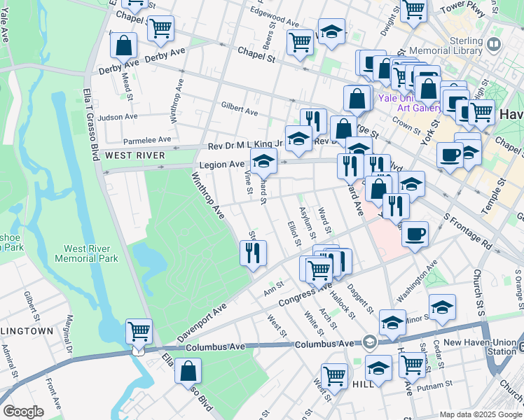 map of restaurants, bars, coffee shops, grocery stores, and more near 92 Orchard Street in New Haven