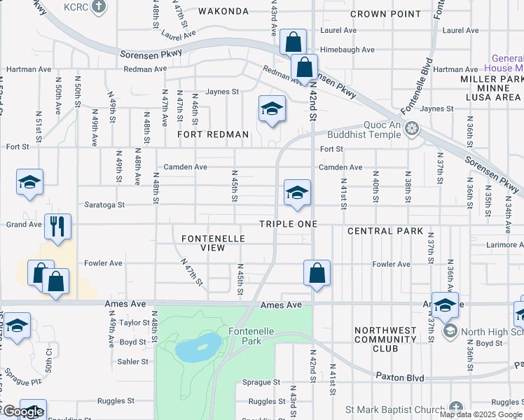 map of restaurants, bars, coffee shops, grocery stores, and more near 4307 Saratoga Street in Omaha