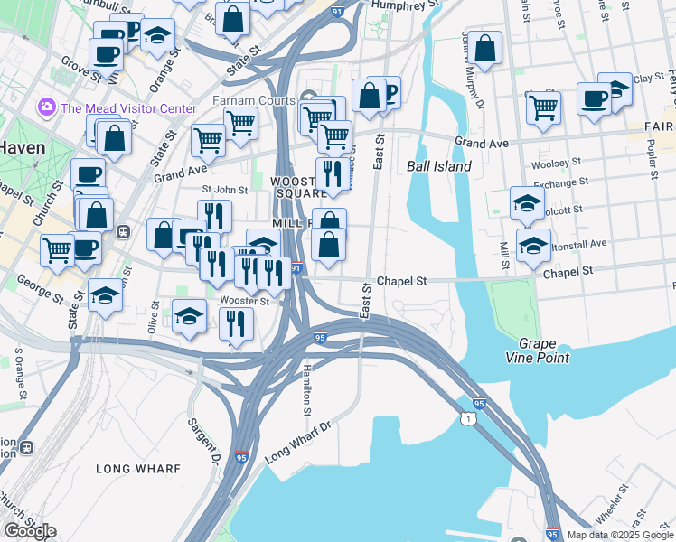 map of restaurants, bars, coffee shops, grocery stores, and more near 56 Wallace Street in New Haven