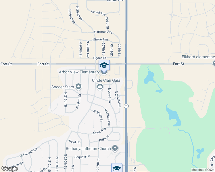 map of restaurants, bars, coffee shops, grocery stores, and more near 4944 North 205th Street in Omaha
