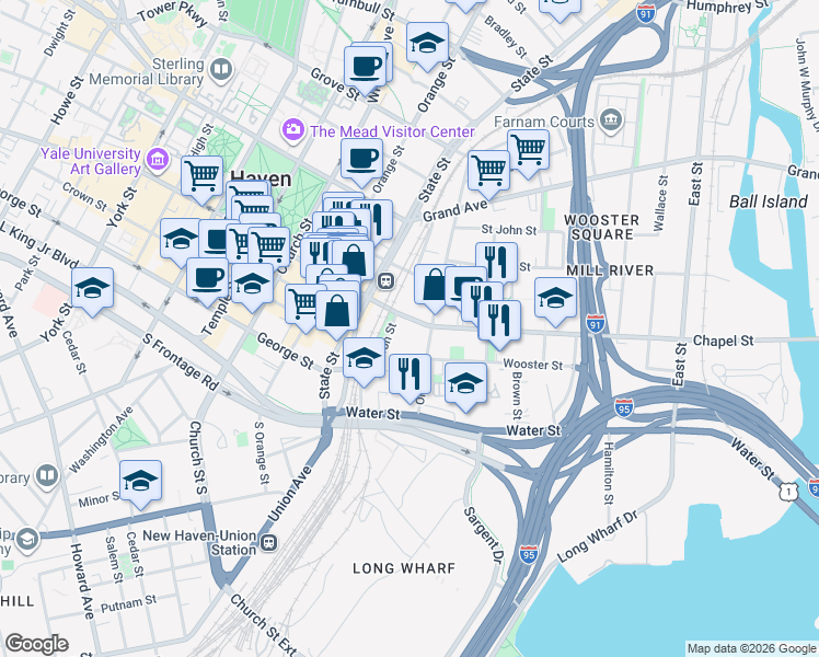 map of restaurants, bars, coffee shops, grocery stores, and more near 680 Chapel Street in New Haven