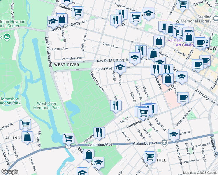 map of restaurants, bars, coffee shops, grocery stores, and more near 130 Sylvan Avenue in New Haven