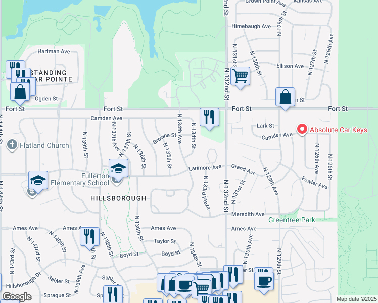 map of restaurants, bars, coffee shops, grocery stores, and more near 4912 North 134th Street in Omaha