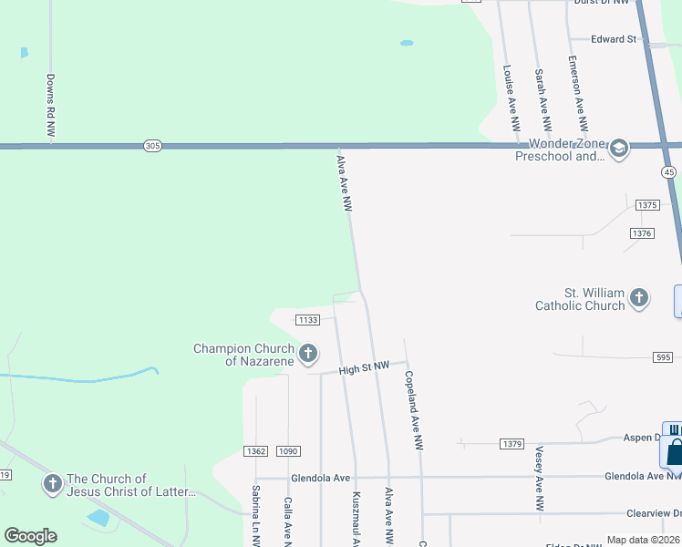 map of restaurants, bars, coffee shops, grocery stores, and more near 5435 Kuszmaul Avenue Northwest in Warren