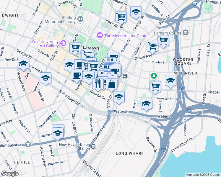 map of restaurants, bars, coffee shops, grocery stores, and more near 15 Crown Street in New Haven