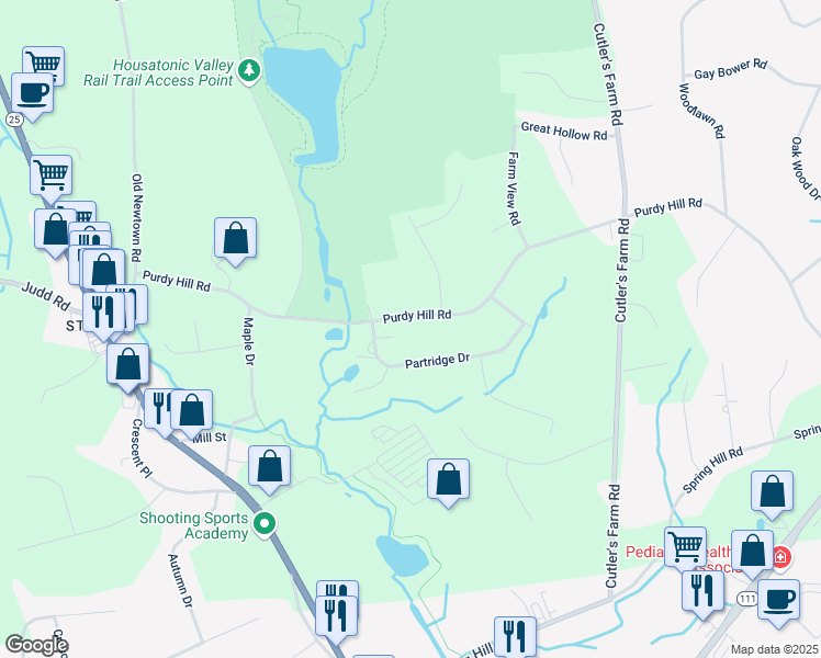 map of restaurants, bars, coffee shops, grocery stores, and more near 403 Purdy Hill Road in Monroe