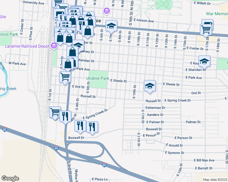 map of restaurants, bars, coffee shops, grocery stores, and more near 708 East Ord Street in Laramie