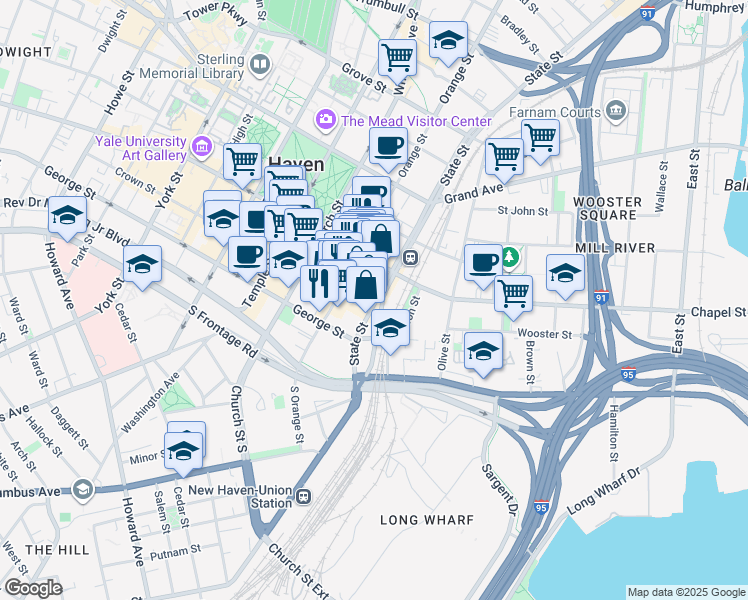map of restaurants, bars, coffee shops, grocery stores, and more near 15 Crown Street in New Haven