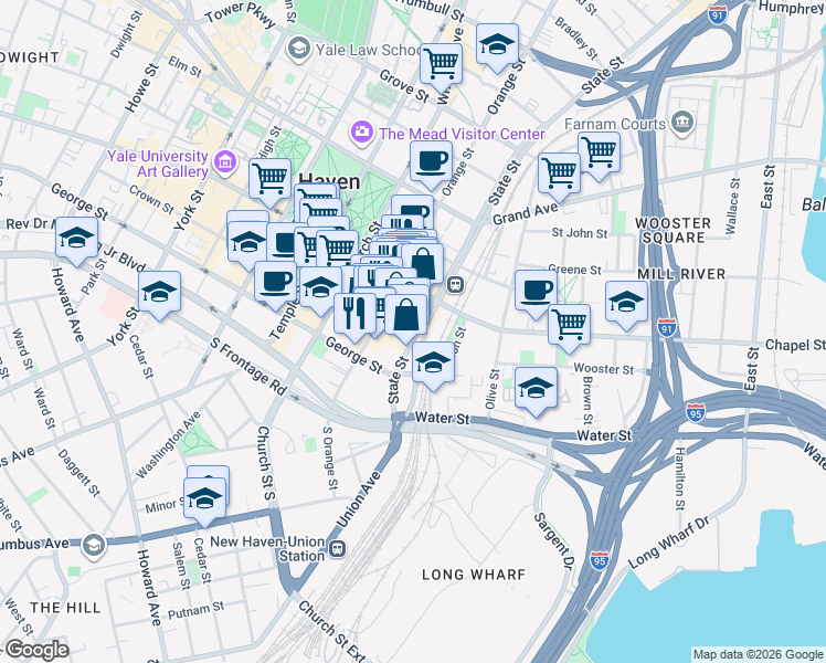 map of restaurants, bars, coffee shops, grocery stores, and more near in New Haven