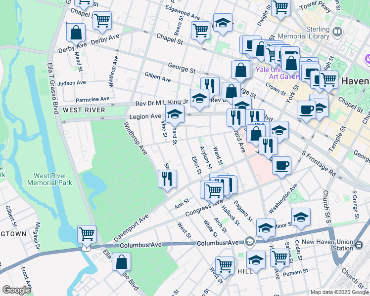 map of restaurants, bars, coffee shops, grocery stores, and more near 87 Orchard Street in New Haven