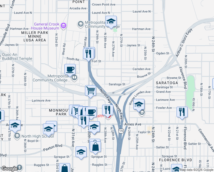 map of restaurants, bars, coffee shops, grocery stores, and more near 2739 Saratoga Street in Omaha