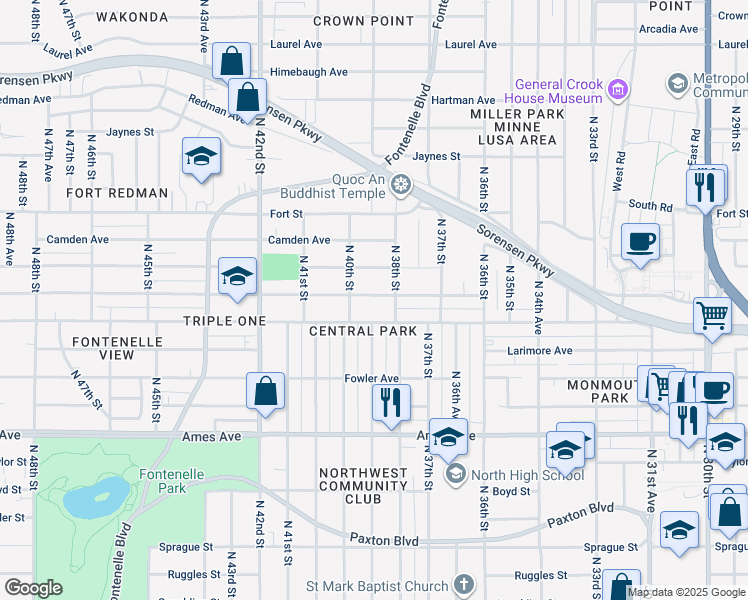 map of restaurants, bars, coffee shops, grocery stores, and more near 3835 Saratoga Street in Omaha