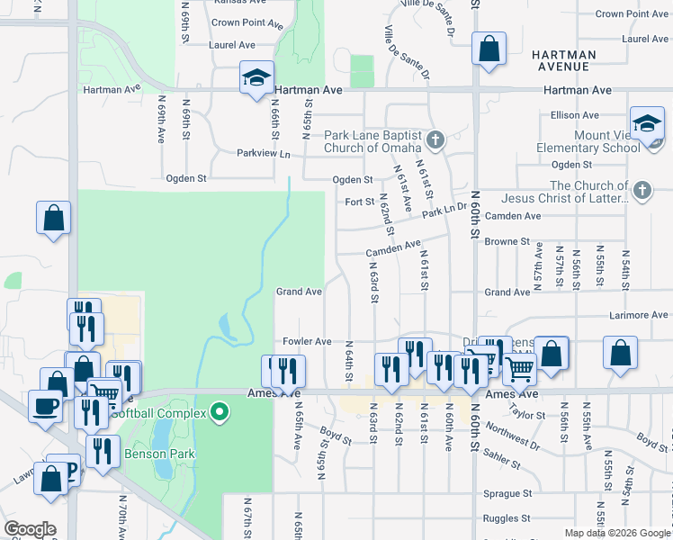 map of restaurants, bars, coffee shops, grocery stores, and more near 5008 North 64th Street in Omaha