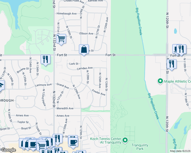 map of restaurants, bars, coffee shops, grocery stores, and more near 5017 North 127th Street in Omaha