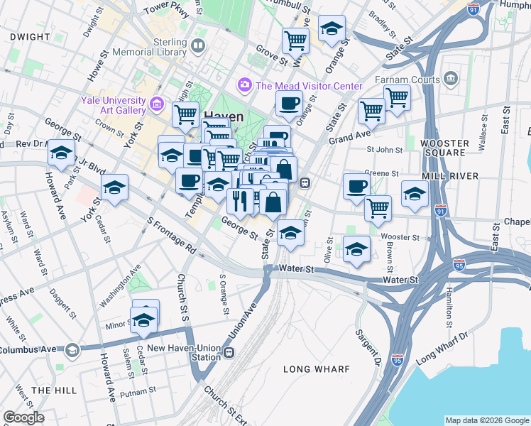 map of restaurants, bars, coffee shops, grocery stores, and more near 15 Crown Street in New Haven