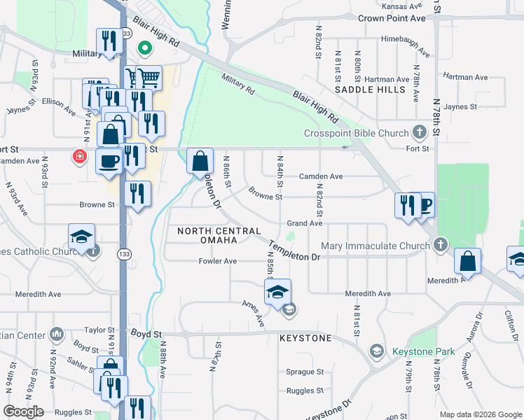 map of restaurants, bars, coffee shops, grocery stores, and more near 4916 North 84th Street in Omaha
