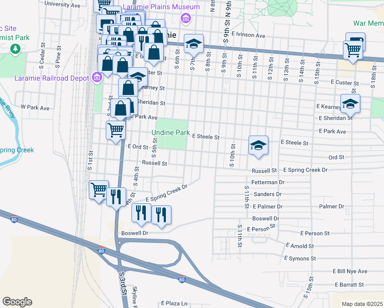 map of restaurants, bars, coffee shops, grocery stores, and more near 708 East Ord Street in Laramie