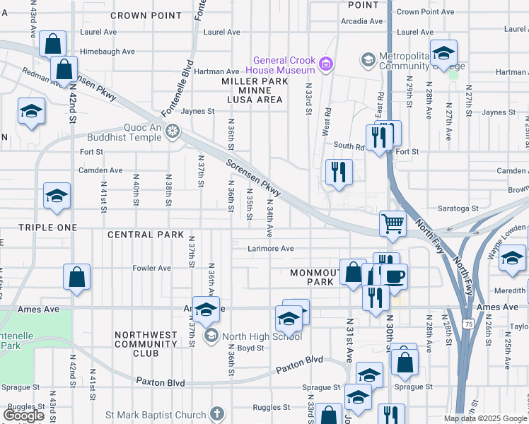 map of restaurants, bars, coffee shops, grocery stores, and more near 4920 North 34th Avenue in Omaha