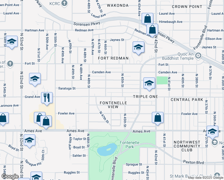 map of restaurants, bars, coffee shops, grocery stores, and more near 4531 Saratoga Street in Omaha