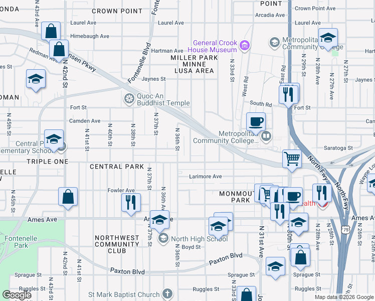 map of restaurants, bars, coffee shops, grocery stores, and more near 4928 North 35th Street in Omaha