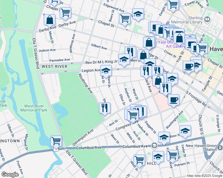map of restaurants, bars, coffee shops, grocery stores, and more near 87 Orchard Street in New Haven