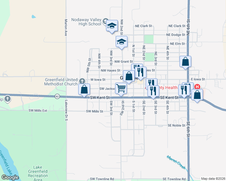 map of restaurants, bars, coffee shops, grocery stores, and more near 212 Southwest Jackson Street in Greenfield