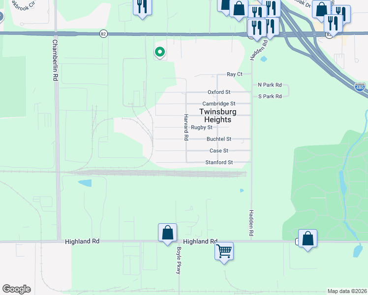 map of restaurants, bars, coffee shops, grocery stores, and more near 1943 Case Street in Twinsburg